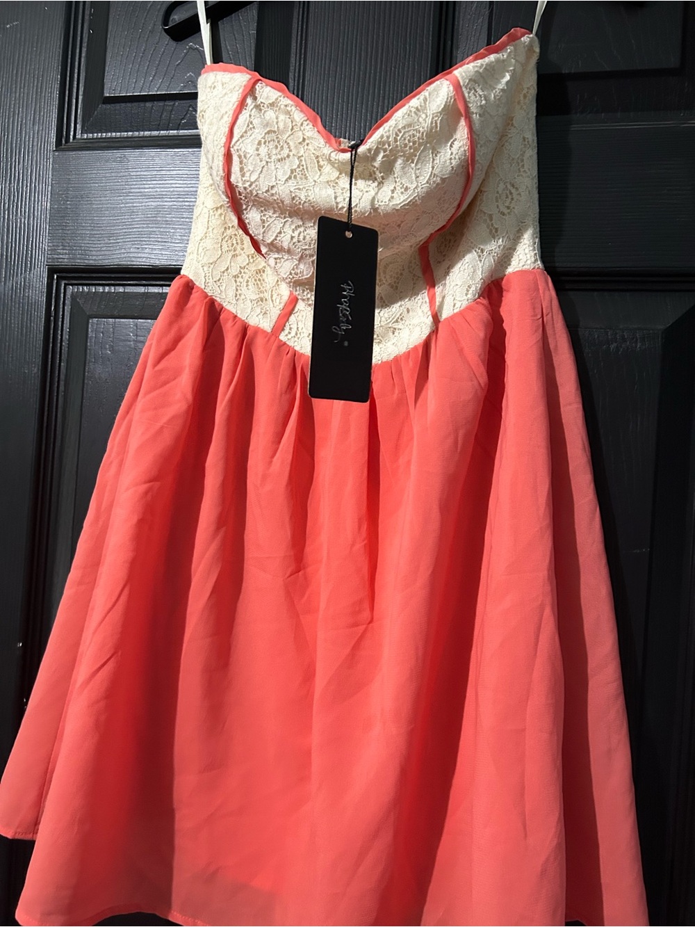 Rhapsody Coral and Cream Lace Strapless Dress NWT
